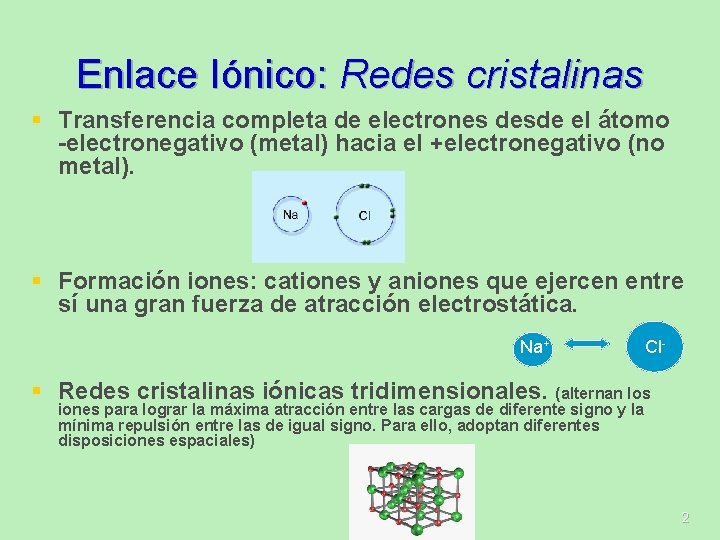 Enlace Iónico: Redes cristalinas § Transferencia completa de electrones desde el átomo -electronegativo (metal) Enlace Iónico: Redes cristalinas § Transferencia completa de electrones desde el átomo -electronegativo (metal)