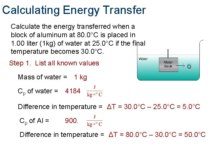 Calculating Energy Transfer Calculate the energy transferred when a block of aluminum at 80.