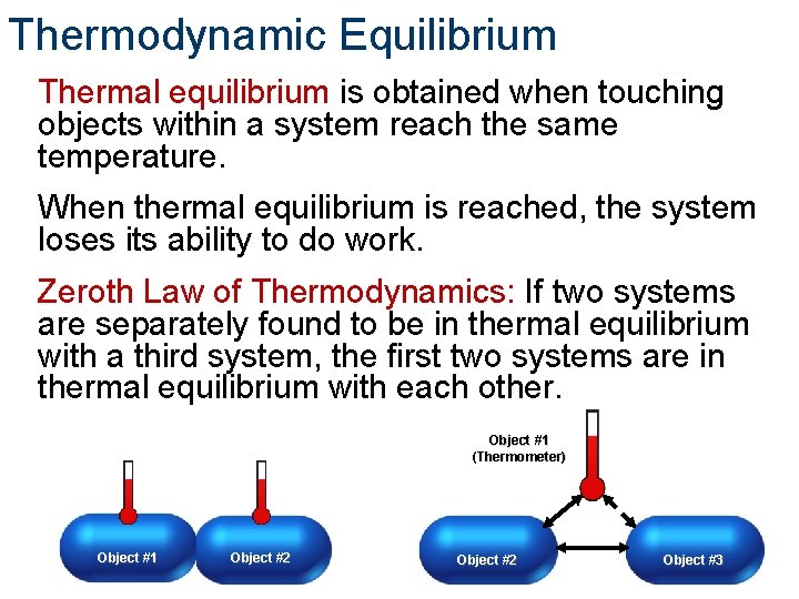 Thermodynamic Equilibrium Thermal equilibrium is obtained when touching objects within a system reach the