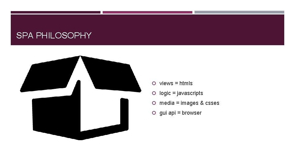 SPA PHILOSOPHY views = htmls logic = javascripts media = images & csses gui