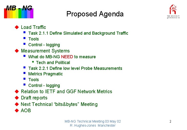 MB - NG Proposed Agenda u Load Traffic § § § Task 2. 1.