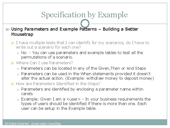 Specification by Example Using Parameters and Example Patterns – Building a Better Mousetrap I