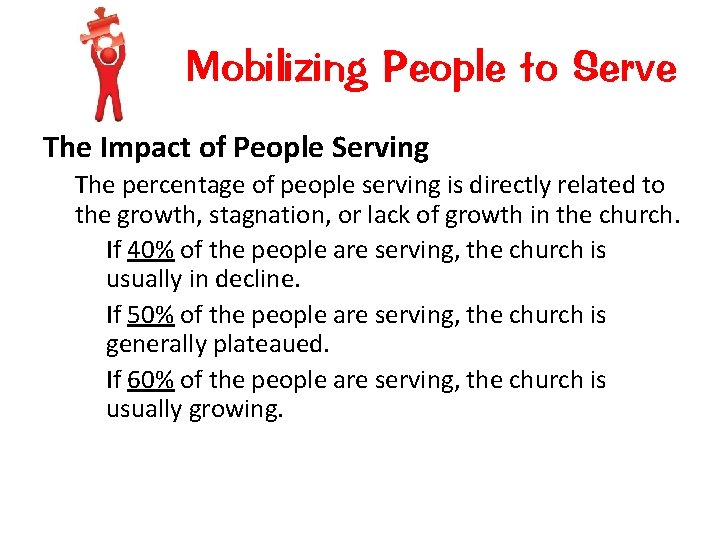 Mobilizing People to Serve The Impact of People Serving The percentage of people serving