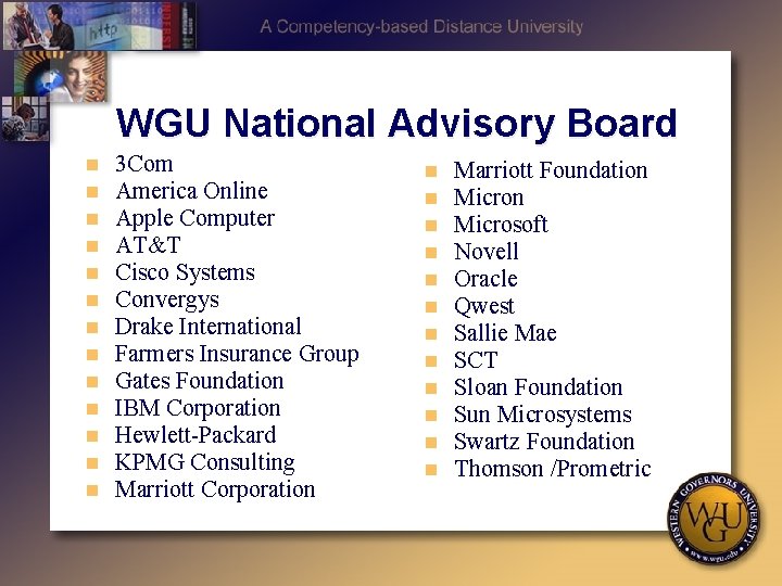 WGU National Advisory Board n n n n 3 Com America Online Apple Computer