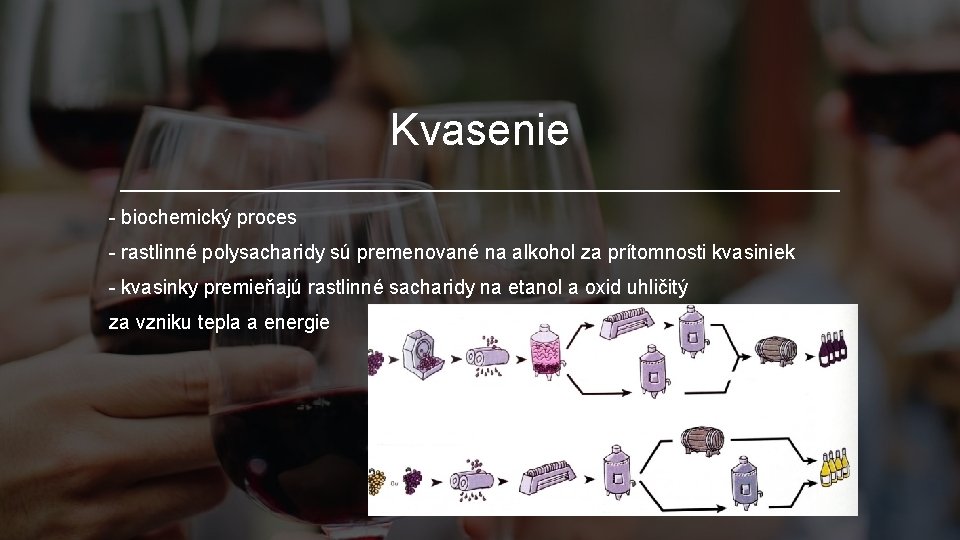 Kvasenie - biochemický proces - rastlinné polysacharidy sú premenované na alkohol za prítomnosti kvasiniek Kvasenie - biochemický proces - rastlinné polysacharidy sú premenované na alkohol za prítomnosti kvasiniek