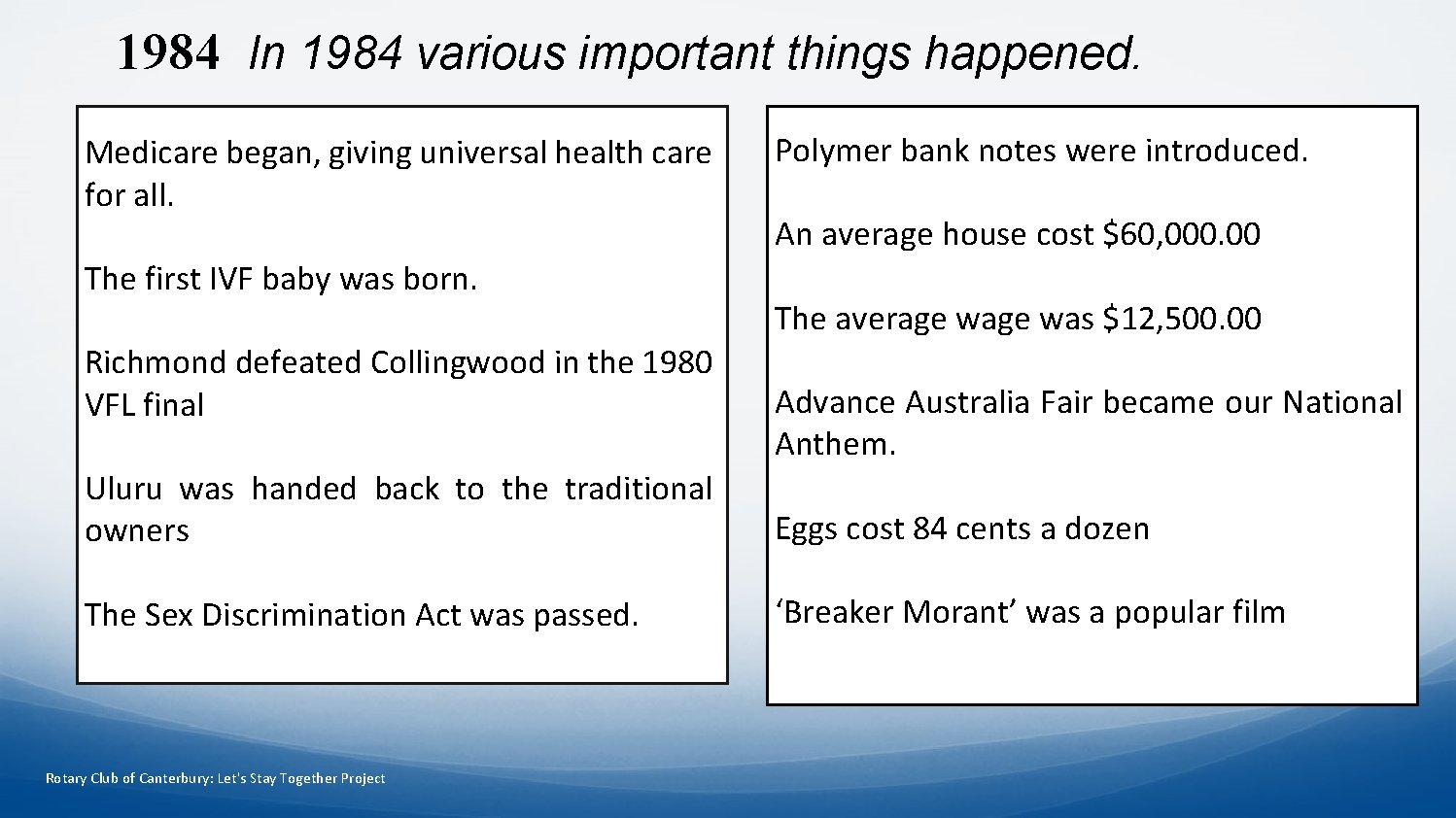 1984 In 1984 various important things happened. Medicare began, giving universal health care for