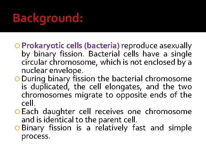 Background: Prokaryotic cells (bacteria) reproduce asexually by binary fission. Bacterial cells have a single