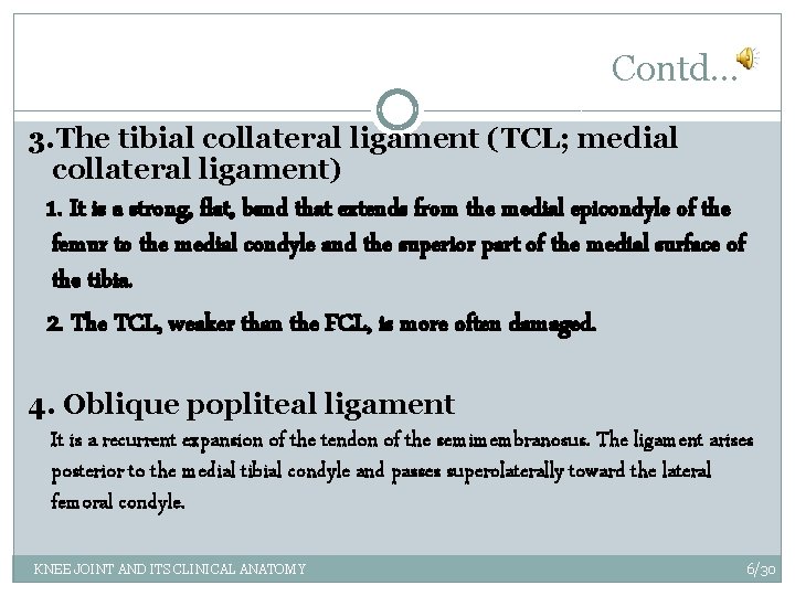 Contd… 3. The tibial collateral ligament (TCL; medial collateral ligament) 1. It is a