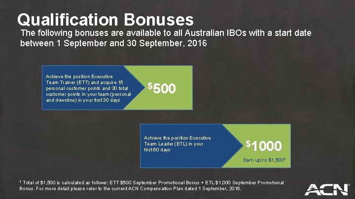 Qualification Bonuses The following bonuses are available to all Australian IBOs with a start