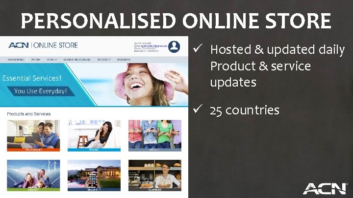 PERSONALISED ONLINE STORE ü Hosted & updated daily Product & service updates ü 25