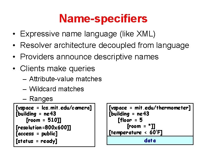 Name-specifiers • • Expressive name language (like XML) Resolver architecture decoupled from language Providers