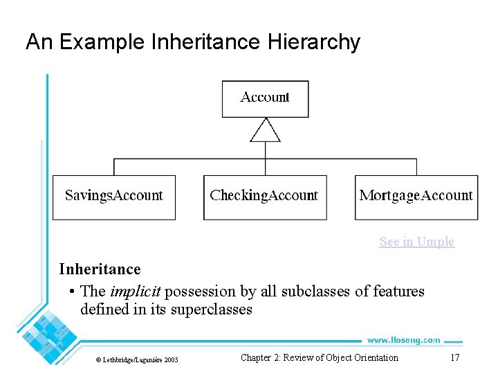 An Example Inheritance Hierarchy See in Umple Inheritance • The implicit possession by all An Example Inheritance Hierarchy See in Umple Inheritance • The implicit possession by all