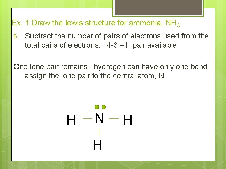 Ex. 1 Draw the lewis structure for ammonia, NH 3 5. Subtract the number