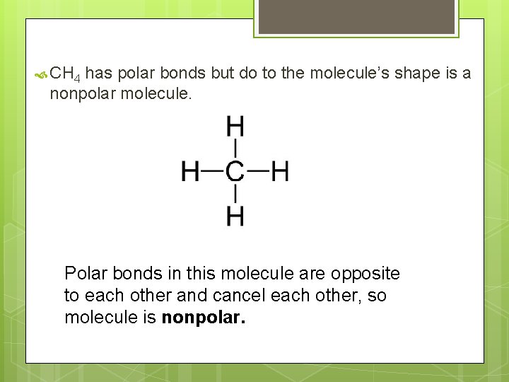  CH 4 has polar bonds but do to the molecule’s shape is a