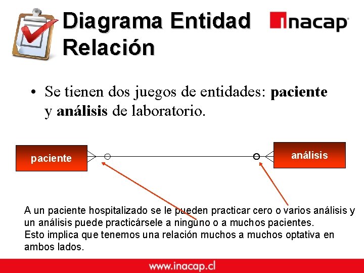 Diagrama Entidad Relación • Se tienen dos juegos de entidades: paciente y análisis de