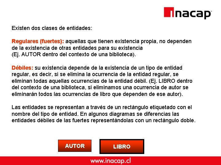 Existen dos clases de entidades: Regulares (fuertes): aquellas que tienen existencia propia, no dependen