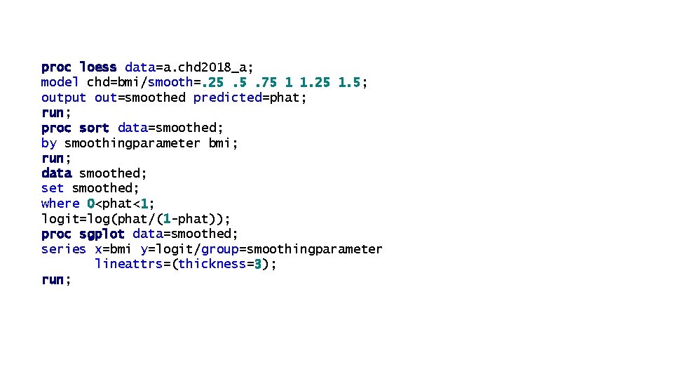 proc loess data=a. chd 2018_a; model chd=bmi/smooth=. 25. 5. 75 1 1. 25 1.