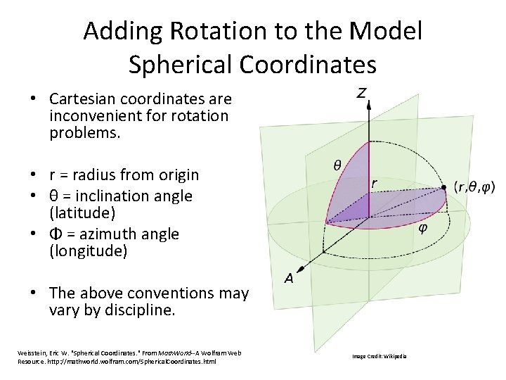 Adding Rotation to the Model Spherical Coordinates • Cartesian coordinates are inconvenient for rotation