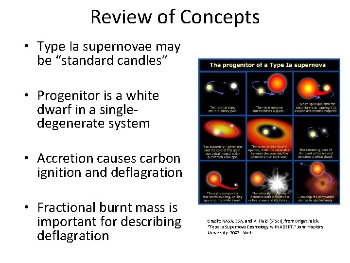 Review of Concepts • Type Ia supernovae may be “standard candles” • Progenitor is