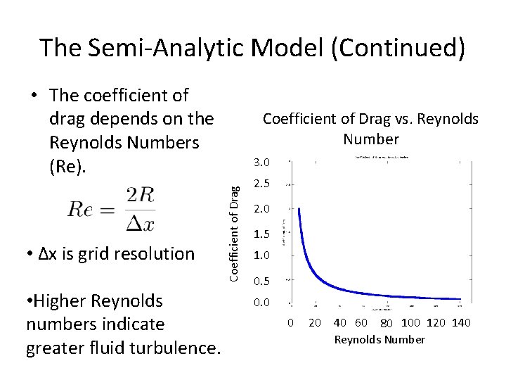 The Semi-Analytic Model (Continued) • The coefficient of drag depends on the Reynolds Numbers