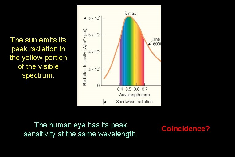 The sun emits peak radiation in the yellow portion of the visible spectrum. The