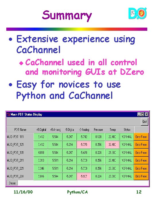 Summary · Extensive experience using Ca. Channel used in all control and monitoring GUIs