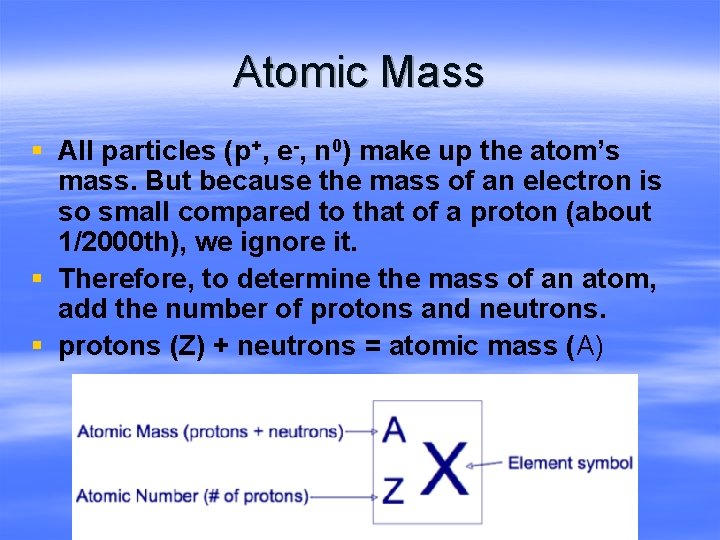 Atomic Mass § All particles (p+, e-, n 0) make up the atom’s mass.