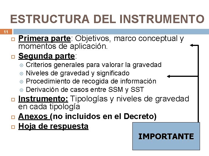 ESTRUCTURA DEL INSTRUMENTO 11 Primera parte: Objetivos, marco conceptual y momentos de aplicación. Segunda