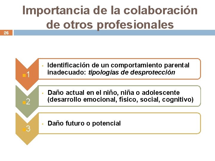 26 Importancia de la colaboración de otros profesionales • Identificación de un comportamiento parental