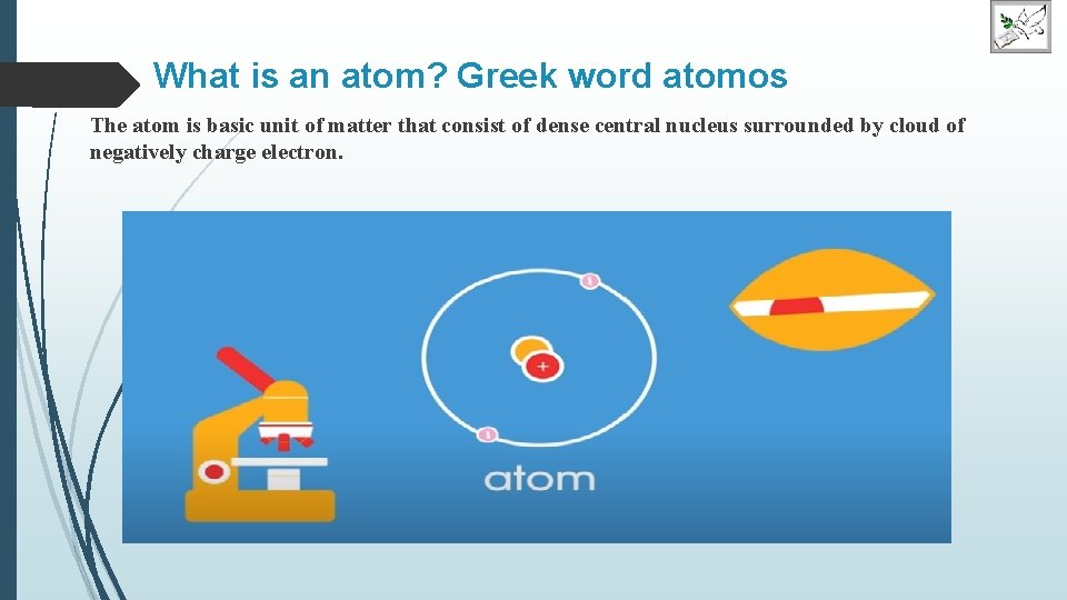 What is an atom? Greek word atomos The atom is basic unit of matter