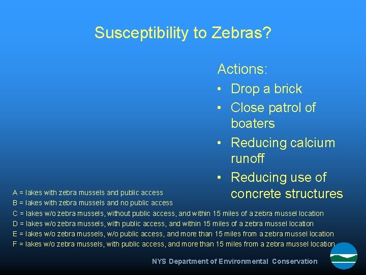 Susceptibility to Zebras? Actions: • Drop a brick • Close patrol of boaters •
