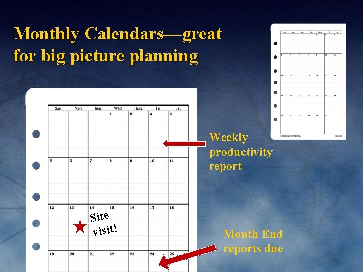 Monthly Calendars—great for big picture planning Weekly productivity report Site visit! Month End reports