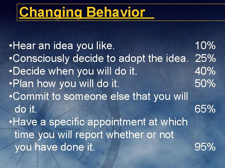 Changing Behavior • Hear an idea you like. • Consciously decide to adopt the