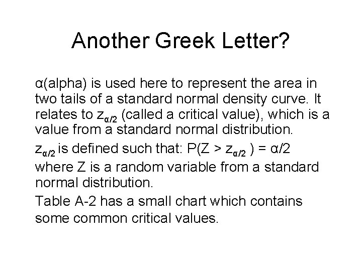 Another Greek Letter? α(alpha) is used here to represent the area in two tails
