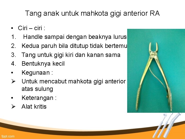 Tang anak untuk mahkota gigi anterior RA • Ciri – ciri : 1. Handle Tang anak untuk mahkota gigi anterior RA • Ciri – ciri : 1. Handle