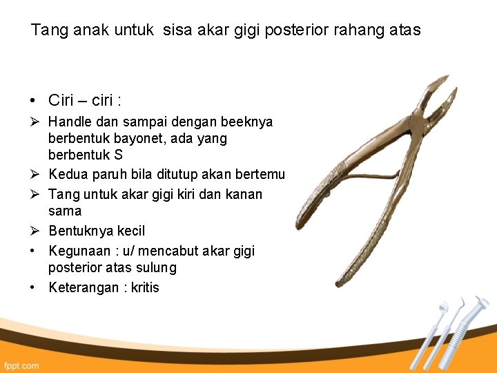 Tang anak untuk sisa akar gigi posterior rahang atas • Ciri – ciri : Tang anak untuk sisa akar gigi posterior rahang atas • Ciri – ciri :