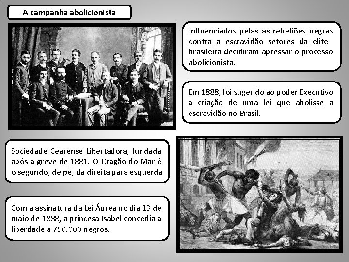 A campanha abolicionista Influenciados pelas as rebeliões negras contra a escravidão setores da elite