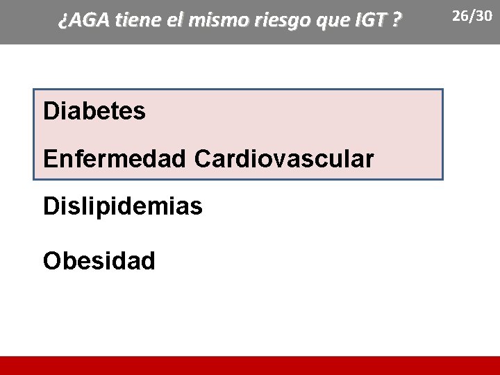 ¿AGA tiene el mismo riesgo que IGT ? Diabetes Enfermedad Cardiovascular Dislipidemias Obesidad 26/30