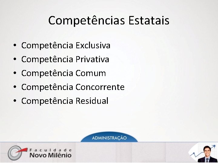 Competências Estatais • • • Competência Exclusiva Competência Privativa Competência Comum Competência Concorrente Competência