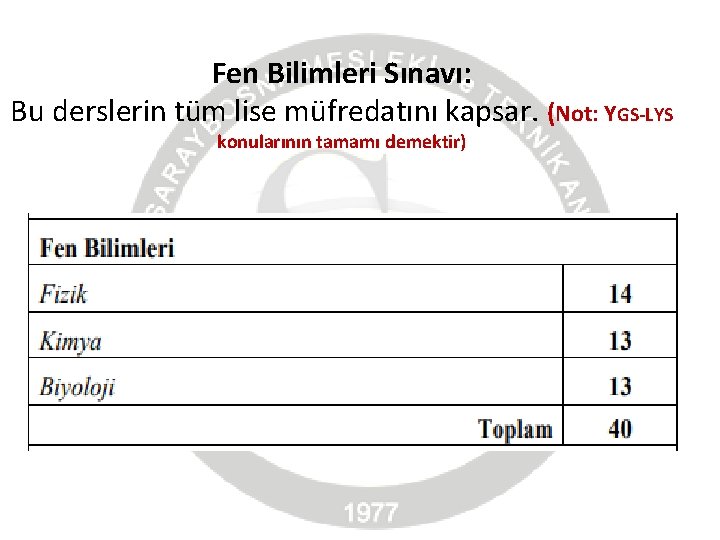 Fen Bilimleri Sınavı: Bu derslerin tüm lise müfredatını kapsar. (Not: YGS-LYS konularının tamamı demektir)