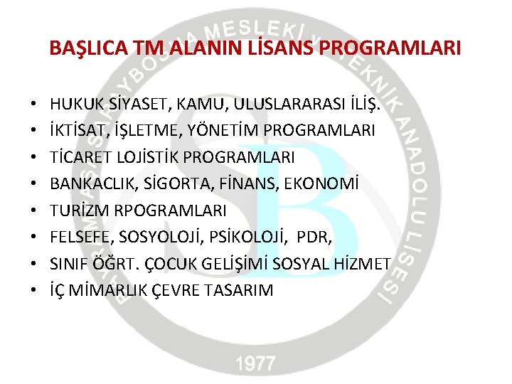 BAŞLICA TM ALANIN LİSANS PROGRAMLARI • • HUKUK SİYASET, KAMU, ULUSLARARASI İLİŞ. İKTİSAT, İŞLETME,