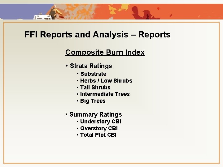 FFI Reports and Analysis – Reports Composite Burn Index • Strata Ratings • Substrate