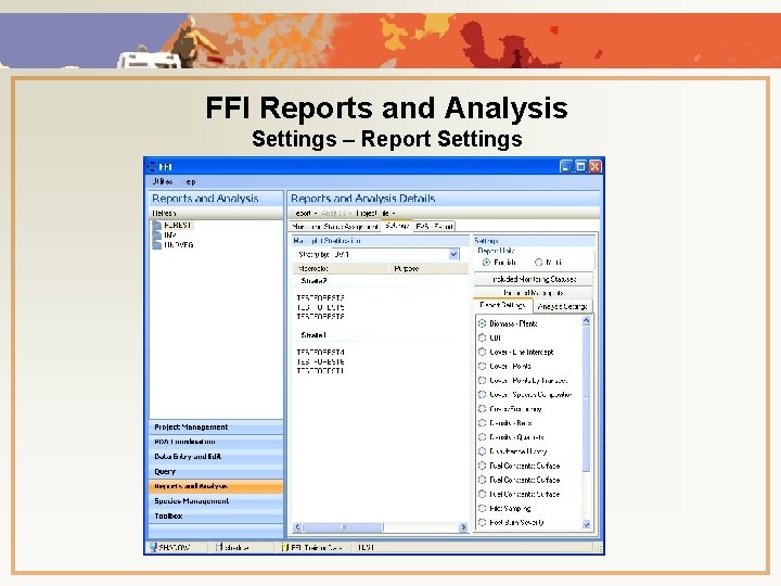 FFI Reports and Analysis Settings – Report Settings 