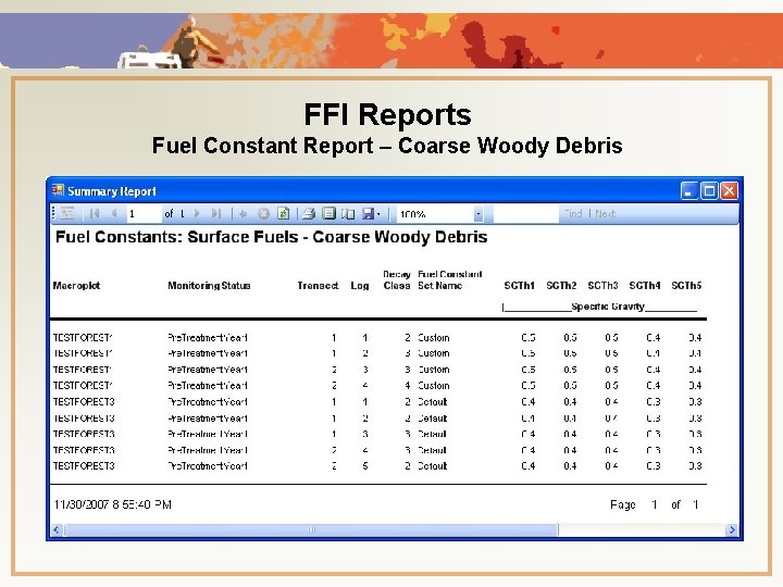 FFI Reports Fuel Constant Report – Coarse Woody Debris 
