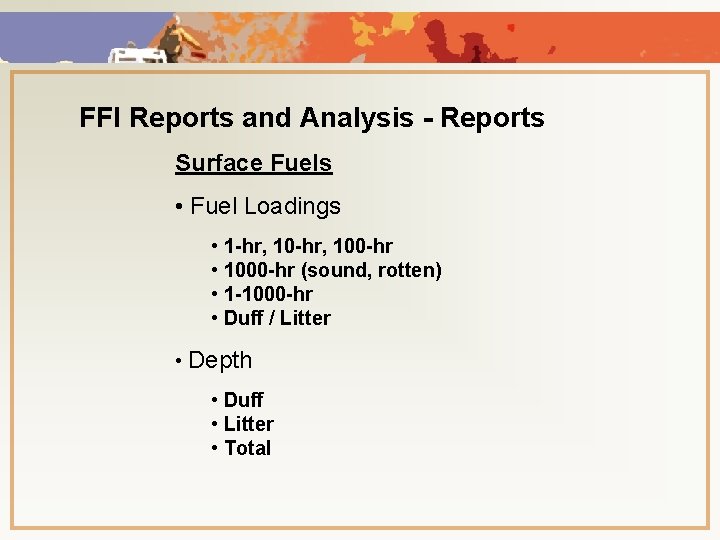 FFI Reports and Analysis - Reports Surface Fuels • Fuel Loadings • 1 -hr,