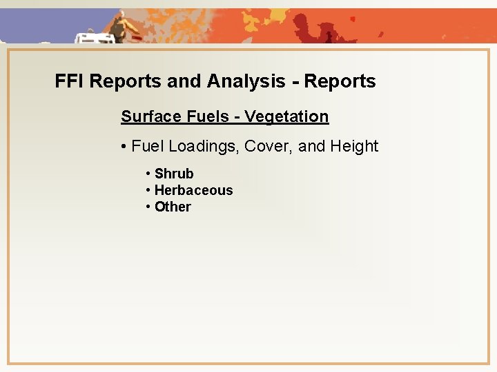 FFI Reports and Analysis - Reports Surface Fuels - Vegetation • Fuel Loadings, Cover,