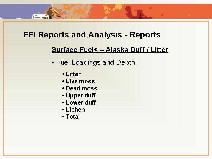 FFI Reports and Analysis - Reports Surface Fuels – Alaska Duff / Litter •
