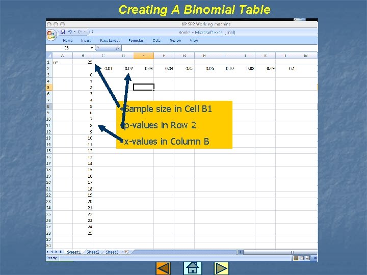 Creating A Binomial Table • Sample size in Cell B 1 • p-values in