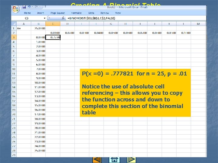 Creating A Binomial Table P(x =0) =. 777821 for n = 25, p =.