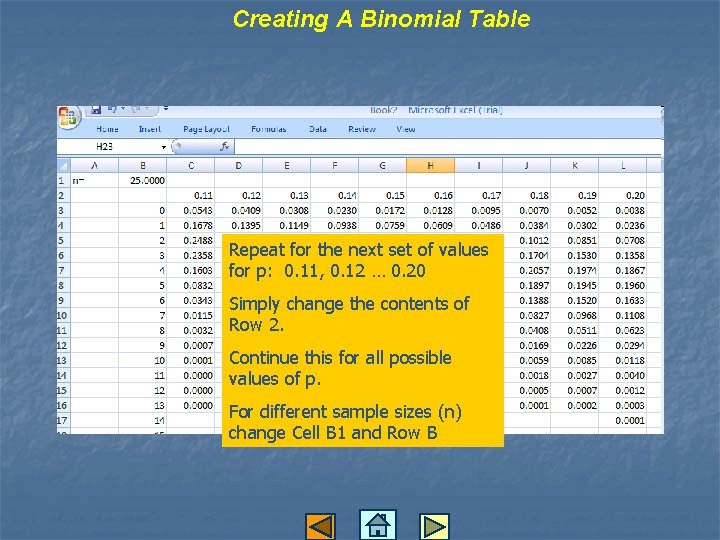 Creating A Binomial Table Repeat for the next set of values for p: 0.